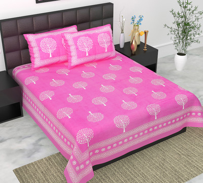 Navkar Creation 104 TC Cotton Double Jaipuri Prints Flat Bedsheet(Pack of 1, Pink)