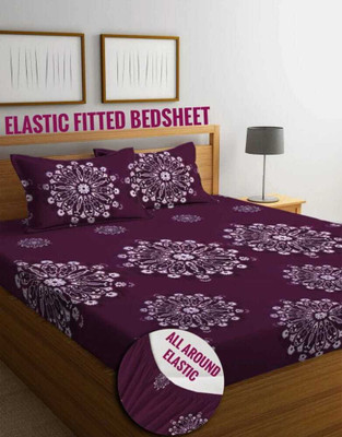 Manish Creation Cotton Double Fitted (Elastic) 140 TC Printed Bedsheet(Pack of 1, 0_1 Fitted Red Chakri Safari 180)