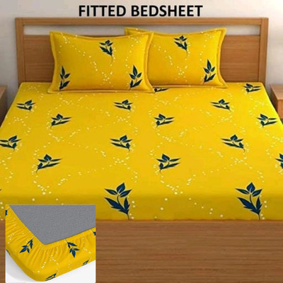 TrueBuy Cotton Double Fitted (Elastic) 310 TC Floral Bedsheet(Pack of 1, Yellow)