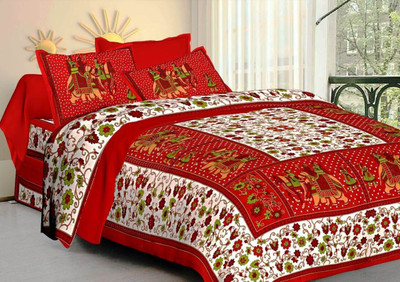IkBedsheets Cotton Queen Flat 144 TC Printed Bedsheet(Pack of 1, Red)