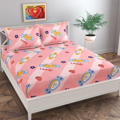 HOMYBEES 220 TC Cotton Double Abstract Fitted (Elastic) Bedsheet(Pack of 1, Peach)