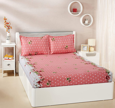 THANESH Cotton Double Fitted (Elastic) 310 TC Floral Bedsheet(Pack of 1, pink dott)
