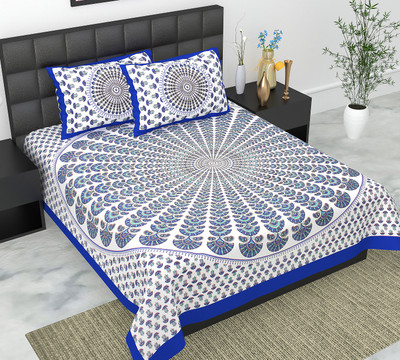 WAR TRADE 104 TC Cotton Queen Jaipuri Prints Flat Bedsheet(Pack of 1, Blue)