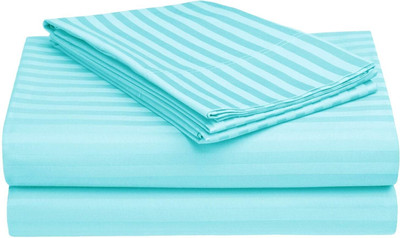 MSs AG TRADERSS Polycotton King Flat 300 TC Striped Bedsheet(Pack of 1, Turquoise-Blue)