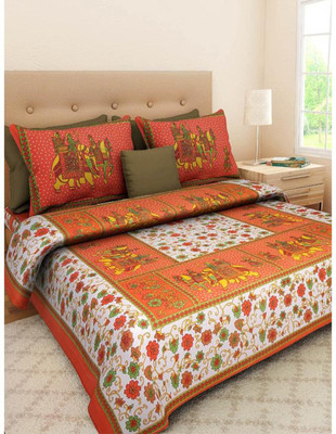 S R Enterprises 141 TC Cotton Queen Jaipuri Prints Flat Bedsheet(Pack of 1, Multicolor)