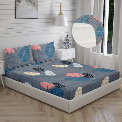 Laughing buddha 260 TC Cotton Double Printed Fitted (Elastic) Bedsheet(Pack of 1, Grey)