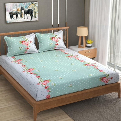 HOMYBEES 220 TC Cotton Double Abstract Fitted (Elastic) Bedsheet(Pack of 1, Green)