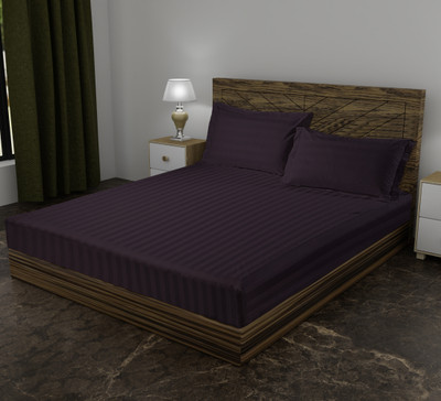 AJISH Cotton Single Fitted (Elastic) 300 TC Striped Bedsheet(Pack of 1, Wine)