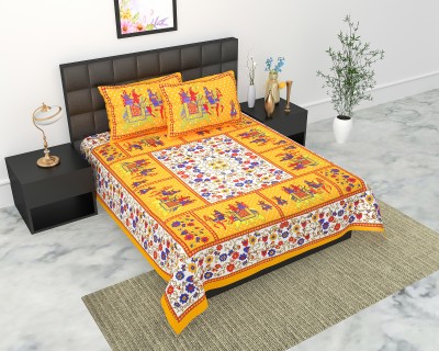 Navkar Creation 104 TC Cotton Double Jaipuri Prints Flat Bedsheet(Pack of 1, Yellow)