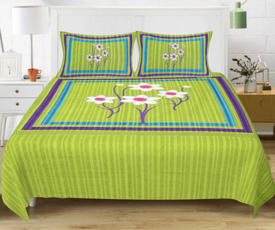 Ubania Collection 144 TC Cotton Double Jaipuri Prints Flat Bedsheet(Pack of 1, Green)