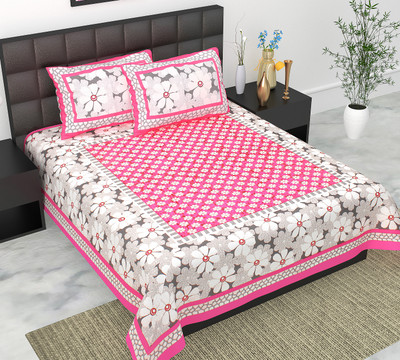 Navkar Creation 104 TC Cotton Double Jaipuri Prints Flat Bedsheet(Pack of 1, Pink)