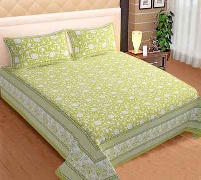 VASTRA VILLA 210 TC Cotton King Jaipuri Prints Flat Bedsheet(Pack of 1, Green)
