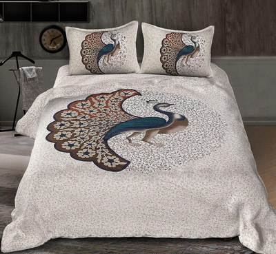 Ananta 180 TC Cotton Double Jaipuri Prints Flat Bedsheet(Pack of 1, whit and grey)