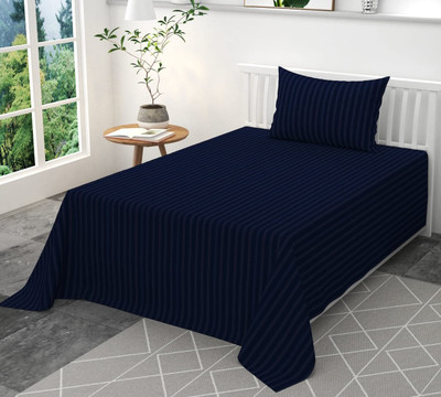 WUSA Satin Single Flat 210 TC Striped Bedsheet(Pack of 1, Navy Blue)