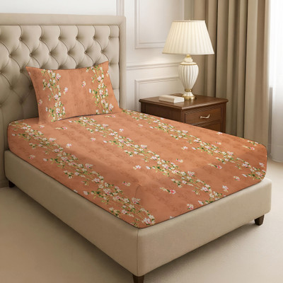 DBRUNO 144 TC Microfiber Single Floral Flat Bedsheet(Pack of 1, Orange)