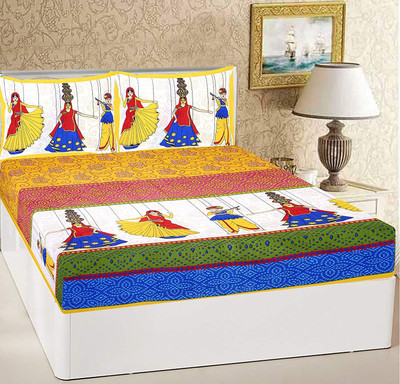 DIVYU FASHION Cotton Double Fitted (Elastic) 104 TC Jaipuri Prints Bedsheet(Pack of 1, Yellow)