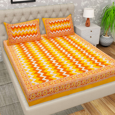 Cosito 144 TC Cotton Double Jaipuri Prints Flat Bedsheet(Pack of 1, Yellow)