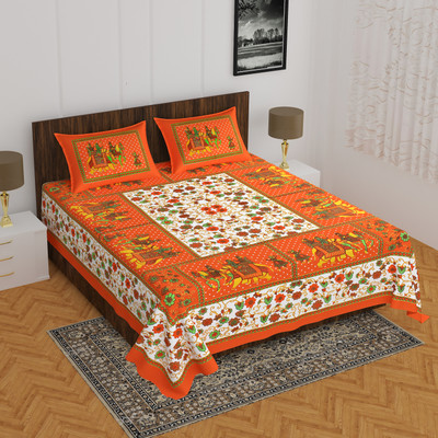 Indian Royal Fashion Cotton Double Flat 144 TC Floral Bedsheet(Pack of 1, Orange)