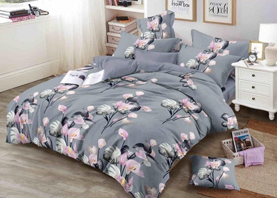 Harshikdecor 300 TC Cotton Double Floral Flat Bedsheet(Pack of 1, Grey)