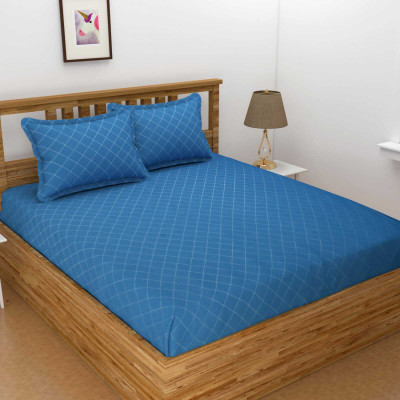 TURIYA 180 TC Microfiber Double Geometric Fitted (Elastic) Bedsheet(Pack of 1, Blue)