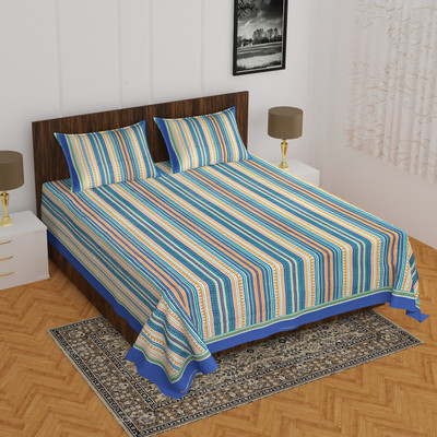 Home@shop 144 TC Cotton Double Geometric Flat Bedsheet(Pack of 1, Blue)