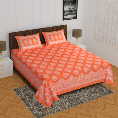 E ELMA 144 TC Cotton Double Printed Flat Bedsheet(Pack of 1, Orange)