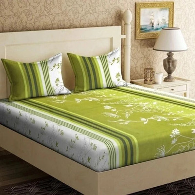 Decent Home Cotton Double Flat 140 TC Floral 1 Bedsheet with 2 Pillow Covers(Green)