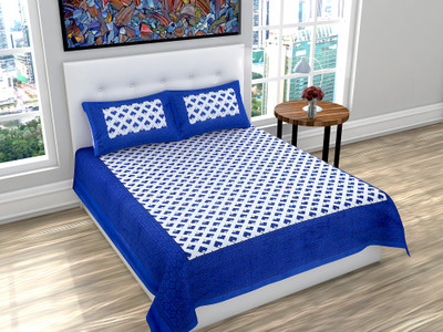 Monik Handicrafts 140 TC Cotton Double Jaipuri Prints Flat Bedsheet(Pack of 1, Blue)
