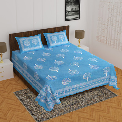 E ELMA Cotton Double Flat 144 TC Printed Bedsheet(Pack of 1, Blue)