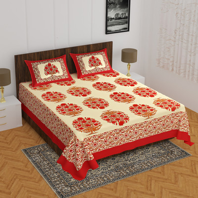 E ELMA Cotton Double Flat 144 TC Printed Bedsheet(Pack of 1, Red)