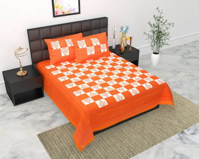 Navkar Creation 104 TC Cotton Double Jaipuri Prints Flat Bedsheet(Pack of 1, Orange)