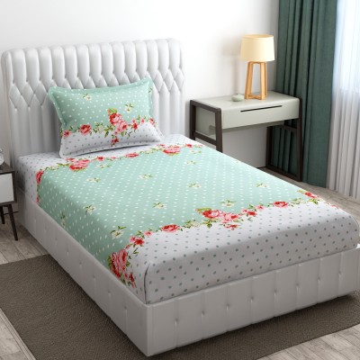 SHOMES 250 TC Cotton Single Floral Fitted (Elastic) Bedsheet(Pack of 1, Green)