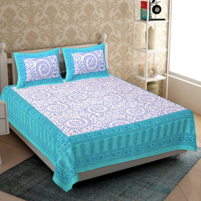 Harshika Fashion 120 TC Polyester Queen Jaipuri Prints Flat Bedsheet(Pack of 1, Blue)