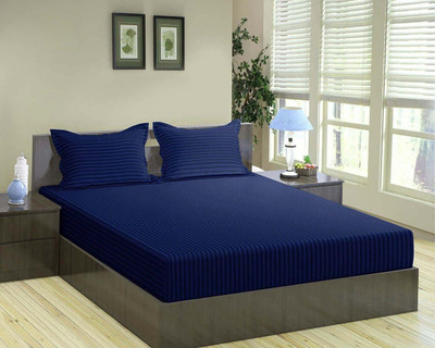 Sosha Cotton Queen Fitted (Elastic) 130 TC Striped Bedsheet(Pack of 1, Blue)
