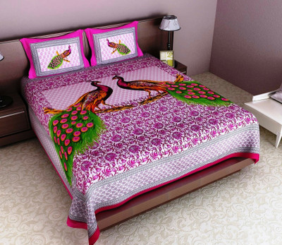 Monik Handicrafts 140 TC Cotton Double Jaipuri Prints Flat Bedsheet(Pack of 1, Pink)