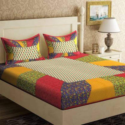 Navkar Creation 141 TC Cotton Queen 3D Printed Fitted (Elastic) Bedsheet(Pack of 1, Multicolor)