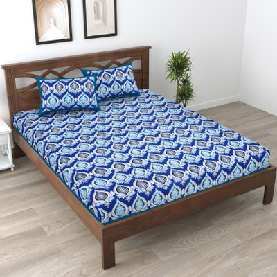 Monik Handicrafts 144 TC Cotton King Jaipuri Prints Flat Bedsheet(Pack of 1, Blue)
