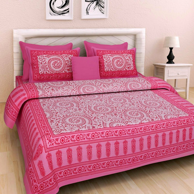 Monik Handicrafts 140 TC Cotton Double Jaipuri Prints Flat Bedsheet(Pack of 1, Pink)