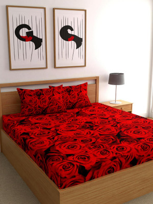 ShopGlobal 180 TC Microfiber Double Floral Bedsheet(Pack of 1, Red)
