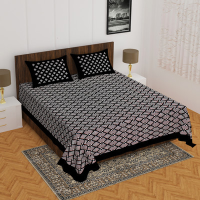 E ELMA Cotton Double Flat 144 TC Printed Bedsheet(Pack of 1, Black)