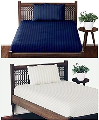 AkiN 220 TC Cotton Single Striped Flat Bedsheet(Pack of 2, Blue, White)