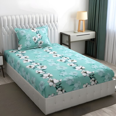TIRKUTA 200 TC Cotton Single Printed Fitted (Elastic) Bedsheet(Pack of 1, Green Flower)