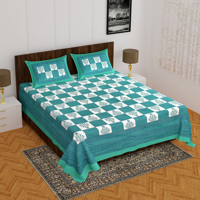 Home@shop 144 TC Cotton Double Checkered Flat Bedsheet(Pack of 1, Blue)