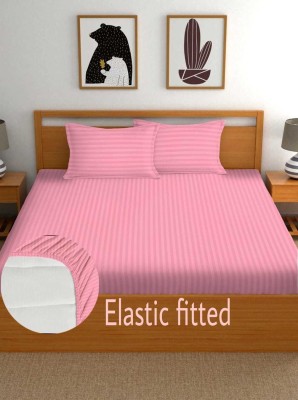 EASTTARDOMM 160 TC Polycotton Queen Striped Fitted (Elastic) Bedsheet(Pack of 1, Baby Pink)