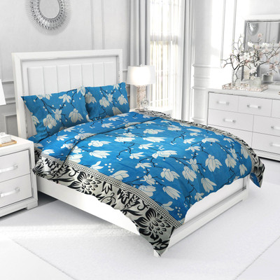 PNP Textiles 140 TC Polycotton Double 3D Printed Flat Bedsheet(Pack of 1, Blue)