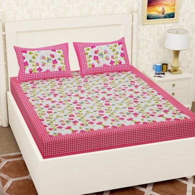 Pankaja Creation 144 TC Cotton Double Printed Flat Bedsheet(Pack of 1, Pink, white)