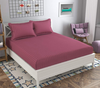 TURIYA Microfiber Double Fitted (Elastic) 180 TC Striped Bedsheet(Pack of 1, Onion)