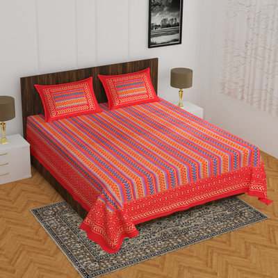 E ELMA Cotton Double Flat 144 TC Printed Bedsheet(Pack of 1, Red)