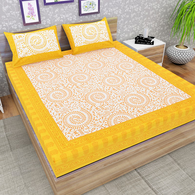 E ELMA Cotton Double Flat 151 TC Jaipuri Prints Bedsheet(Pack of 1, Yellow)