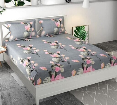 144 TC Cotton Double Printed Bedsheet(Pack of 1, Grey , Pink)